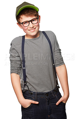 Buy stock photo A teenage boy wearing a hat and glasses