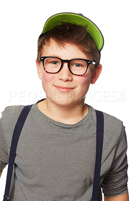 Buy stock photo Portrait, fashion and glasses and a boy nerd in studio isolated on a white background for intelligent style. Kids, smile and eyewear with a confident young child geek in a casual clothing outfit