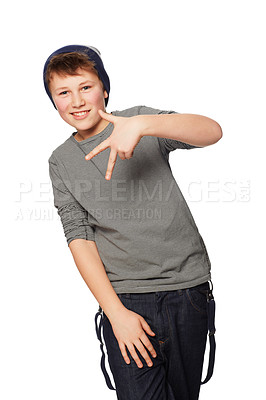 Buy stock photo Portrait, fashion and hand gesture with a boy child in studio isolated on a white background for style. Smile, hip or trendy with a happy young kid looking confident or cool in a clothes outfit