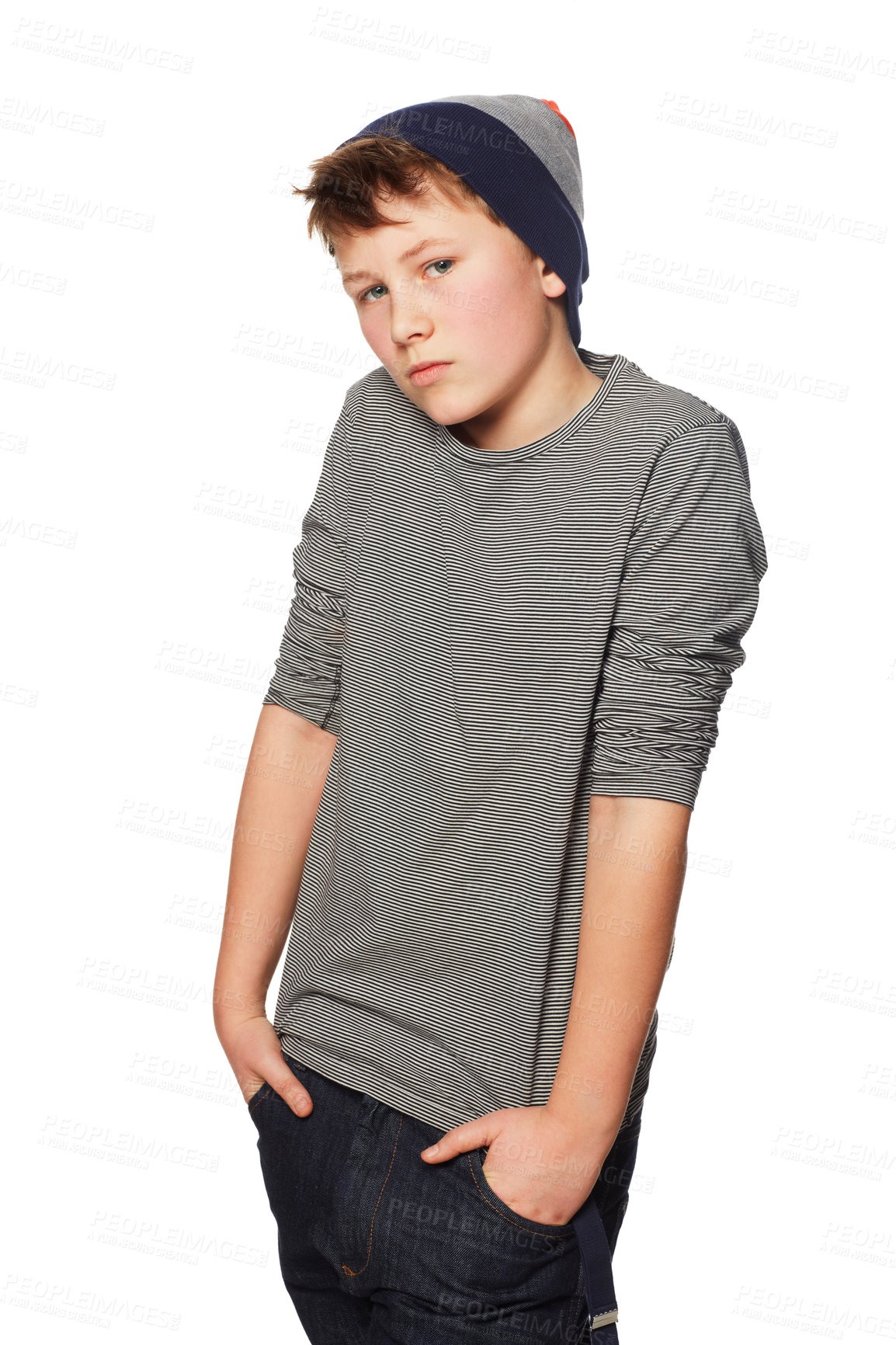 Buy stock photo Teenager boy, fashion and studio portrait with hands in jeans pockets, trendy style and beanie by white background. Person, kid or child model with edgy clothes, cool streetwear or confidence on face