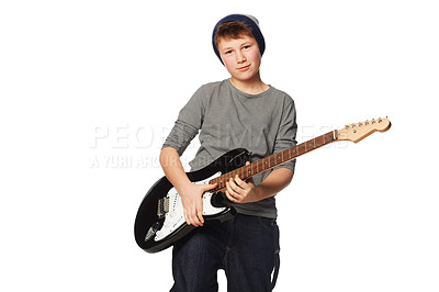 Buy stock photo Teenager boy, guitar and studio portrait for rock music, performance or concert by white background. Creative person, artist kid or child musician with instrument for art, song or band with fashion