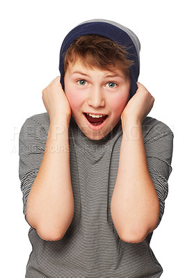 Buy stock photo Shock, excited and portrait of child with beanie in a studio for positive, good and confident attitude. Happy, surprise and young boy teenager or kid with wow, omg or wtf face by white background.