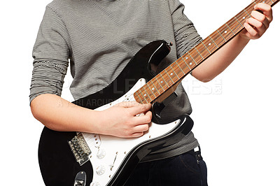 Buy stock photo Hands, guitar and studio performance for rock music, playing or concert in closeup by white background. Creative person, artist or musician in clothes, instrument and art with song, band or fashion