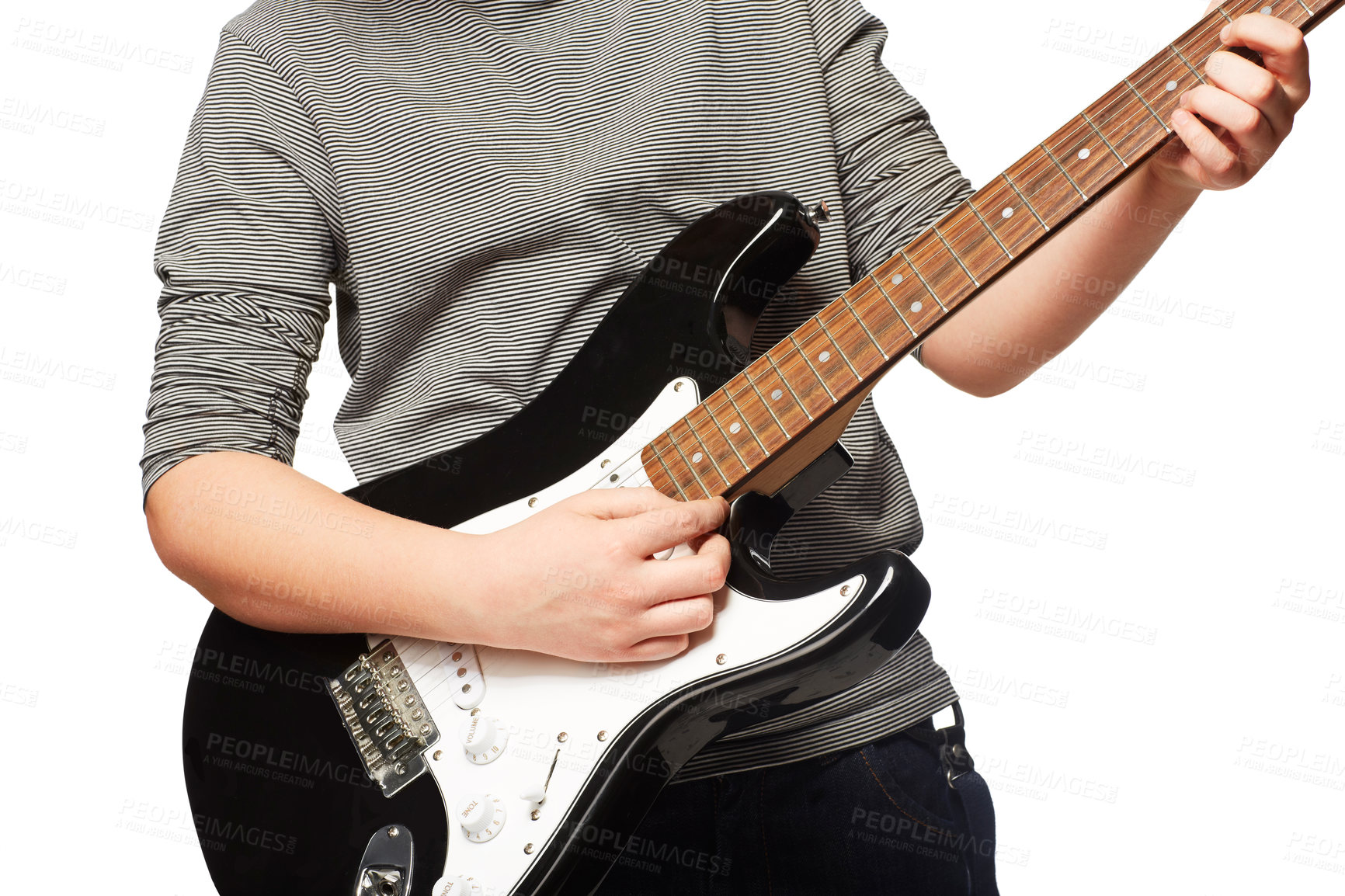 Buy stock photo Hands, guitar and studio performance for rock music, playing or concert in closeup by white background. Creative person, artist or musician in clothes, instrument and art with song, band or fashion