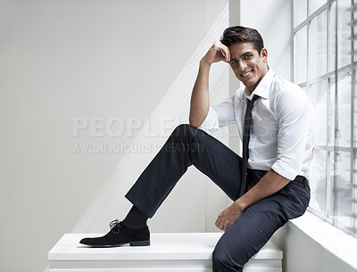 Buy stock photo Smile, fashion and portrait of businessman with formal, elegant and classy outfit by window. Happy, corporate and professional male person with confidence for fancy style sitting in office space.
