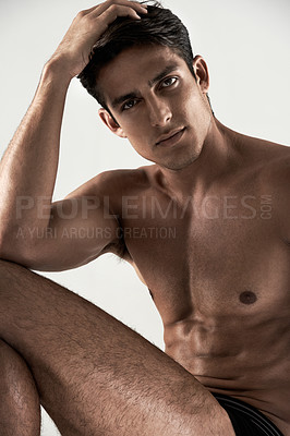 Buy stock photo Muscular, man and sexy portrait in underwear with pride to relax in white background of studio. Shirtless, model and person in Portugal with wellness or bodybuilder with fitness, health or confidence