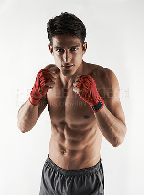 Buy stock photo Man, kick boxer and portrait in gym, serious and face for workout, boxing and strong. Exercise, sports and training for power, self defense and concentration for challenge, mma and fighting skills

