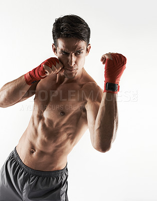 Buy stock photo Man, kick boxer and topless in gym, serious and face for workout, boxing and strong. Exercise, sports and training for power, self defense and concentration for challenge, mma and fighting skills