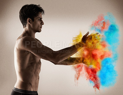 Buy stock photo Color, explosion and man with powder in hands with creativity, performance and studio. Vibrant, paint and shirtless model with bold cloud with blue, red and yellow smoke in background or backdrop