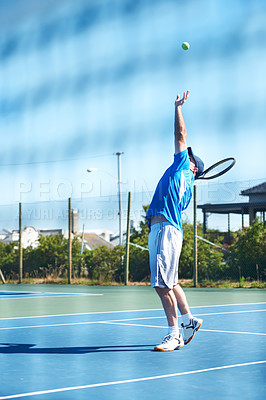 Buy stock photo Tennis match, man and serve in outdoors, competition and playing on court at country club. Athlete, training and exercise or racket for game, performance and practice or cardio workout at stadium