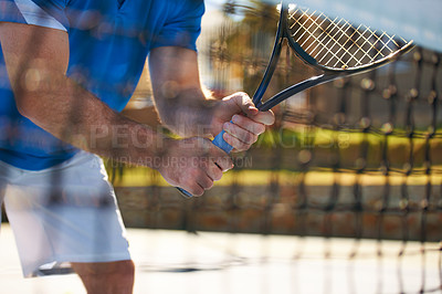 Buy stock photo Tennis match, fitness and hands in outdoors, competition and man playing on court at country club. Athlete, training and exercise or racket for game, performance and practice or workout at stadium