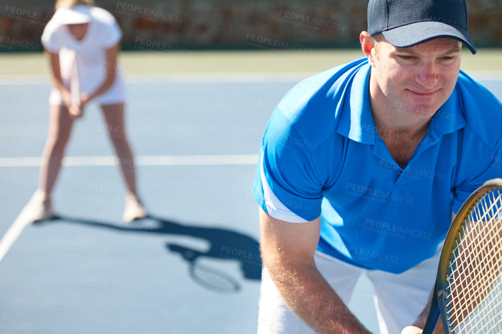 Buy stock photo Tennis match, fitness and team in outdoors, competition and playing on court at country club. Couple, training and exercise or racket for game, performance and practice or collaboration for game