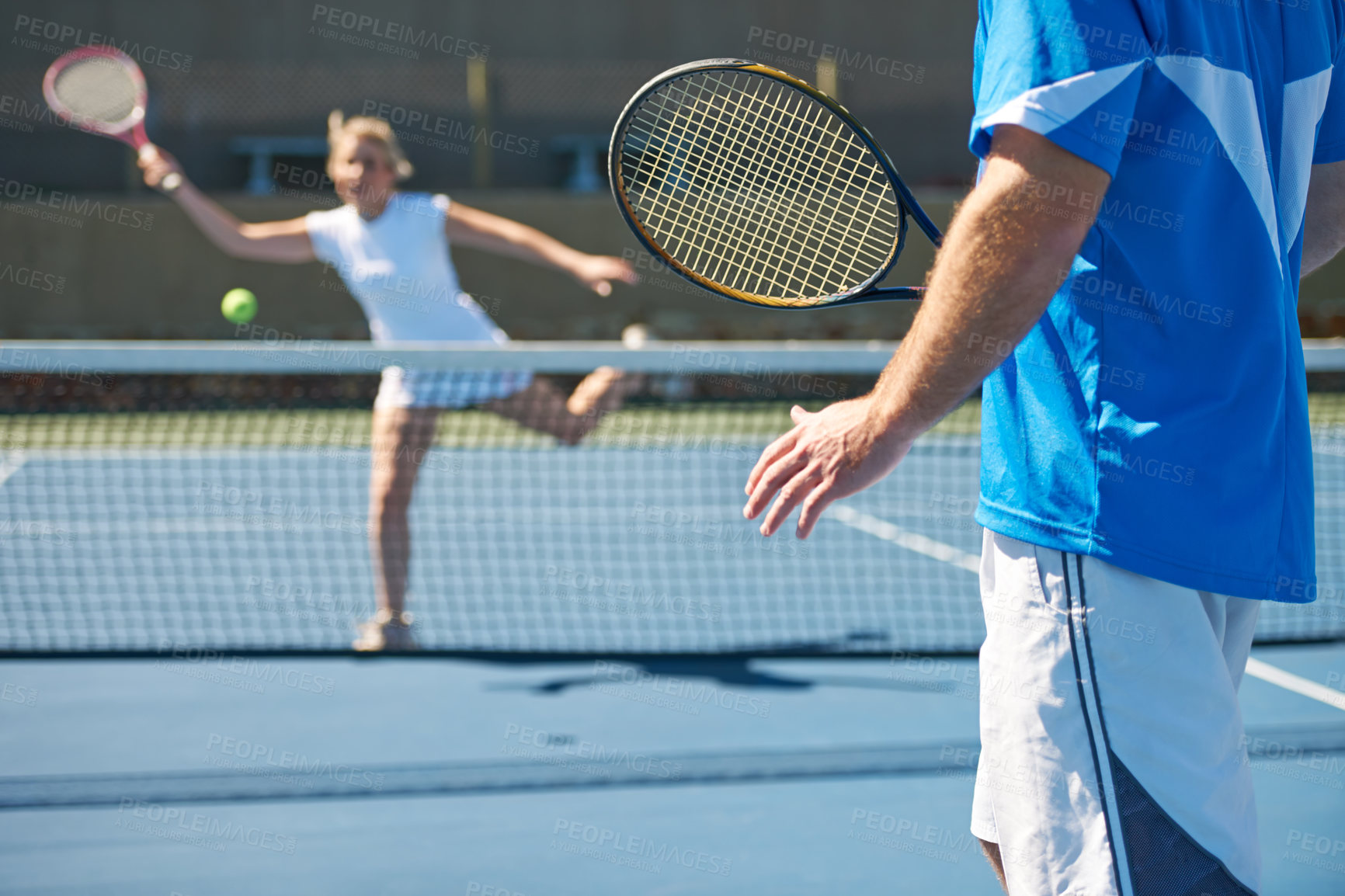 Buy stock photo Tennis match, fitness and people in outdoors, competition and playing on court at country club. Athlete, training and exercise or racket for game, performance and practice or workout and challenge