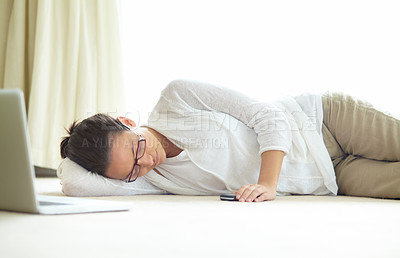 Buy stock photo Remote work, burnout and tired woman sleeping on a floor with low energy, exhausted or nap after laptop project. Freelance, fatigue or female person in living room for, dreaming or break in house