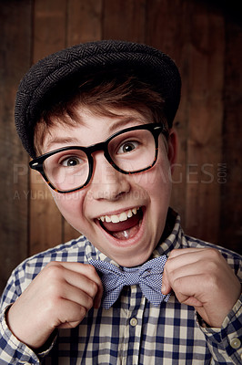 Buy stock photo Portrait, glasses and excited kid with bow tie for fashion, retro or vintage. Happy face, nerd and smile of young boy child in hat, geek in stylish or trendy eyewear and funny laugh in New Zealand