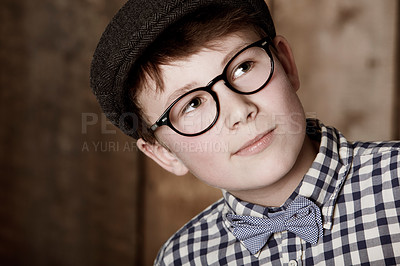 Buy stock photo Face, ideas and young child thinking of learning development, education or problem solving solution. Fashion glasses, sophisticated style and kid question why for nerd choice, memory or brainstorming