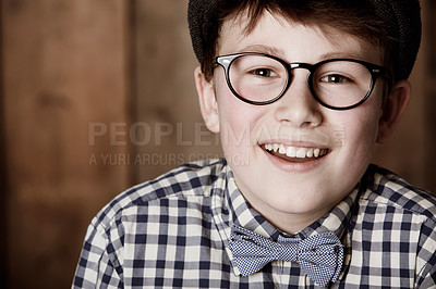 Buy stock photo Glasses, happiness and fashion portrait of child smile for lens frame, visual product or youth eyewear. Vision wellness, ocular eye care or face of young kid happy for optical eyeglasses