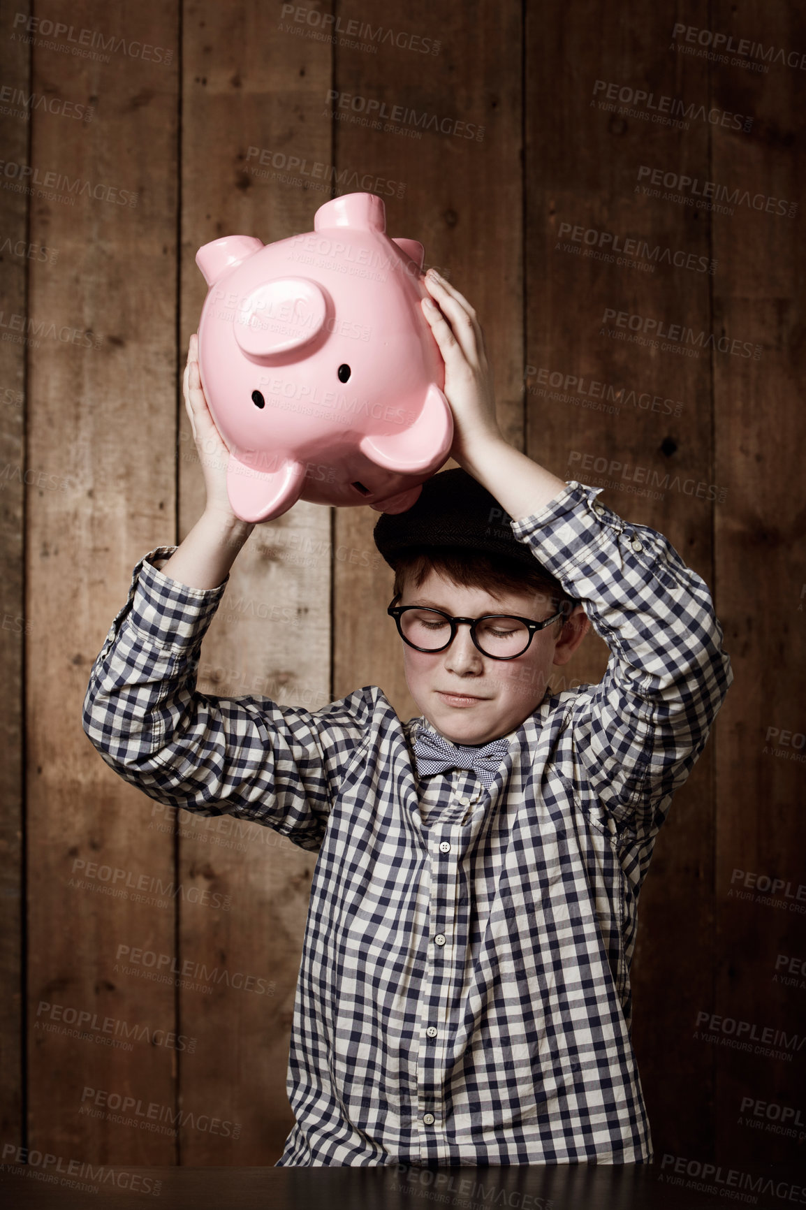 Buy stock photo Piggy bank, smash and sad boy child with investment, growth or savings fail at home. Economy, inflation and unhappy kid with money, box or cash container for emergency payment, loan or empty account
