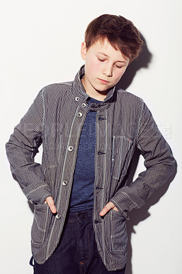 Buy stock photo Sad, teenager and insecure boy in studio, white background or thinking about fashion. Child, anxiety and worry for style, clothes and struggle with emotions, thoughts and personality in backdrop