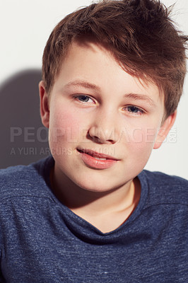 Buy stock photo Teen, thinking and face of boy in studio or white background with a dream of future and vision. Kid, relax and wonder with inspiration or confident child with a smile and insight in mock up space