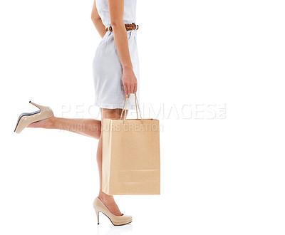 Buy stock photo Woman, high heels and hands in studio with shopping bag for style, sale or feet by white background. Girl, person and shoes in mockup space, clothes and discount with retail deal, product and fashion