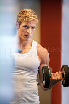 Buy stock photo Man, dumbbells and gym portrait for fitness, health and muscle development for wellness, strong arms and pride. Guy, bodybuilder or person with training process, weightlifting and transformation