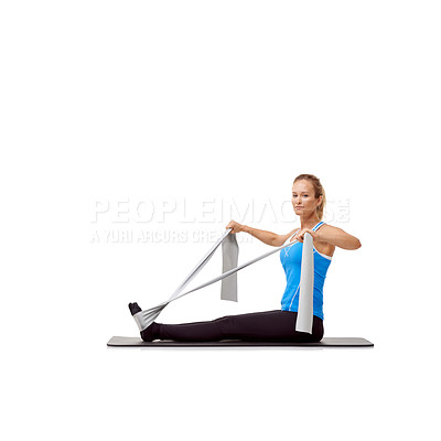 Buy stock photo Fitness, resistance band and portrait of woman doing exercise in studio for health, wellness and bodycare. Sport, yoga mat and person from Canada with arm workout or training by white background.