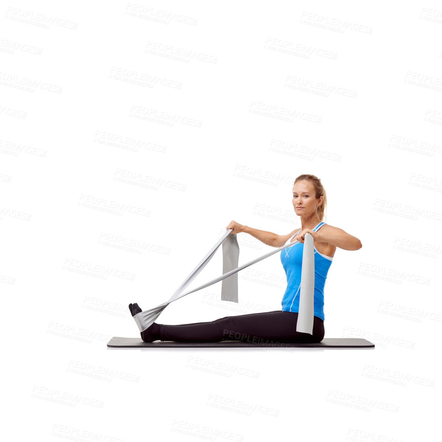 Buy stock photo Fitness, resistance band and portrait of woman doing exercise in studio for health, wellness and bodycare. Sport, yoga mat and person from Canada with arm workout or training by white background.
