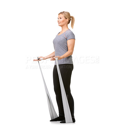 Buy stock photo Sports, resistance band and woman doing exercise in studio for health, wellness and bodycare. Fitness, full length and young female person from Canada with arm workout or training by white background