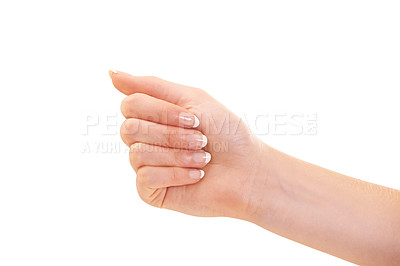 Buy stock photo Woman, hand and manicure for french nails, polish and cosmetic care, skincare and beauty. White background, wellness and treatment for hygiene, closeup and fist for arm, studio backdrop and clean