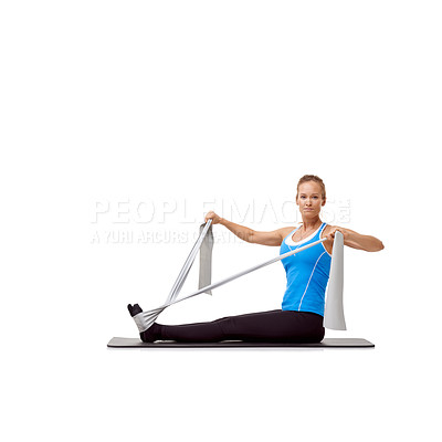 Buy stock photo Sports, resistance band and portrait of woman doing exercise in studio for health, wellness and bodycare. Fitness, yoga mat and person from Canada with arm workout or training by white background.