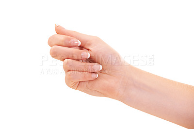 Buy stock photo Woman, hand and manicure for polish, french nails and cosmetic care, skincare and beauty. White background, wellness and treatment for hygiene, closeup and fist for arm, studio backdrop and clean
