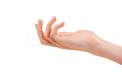 Buy stock photo Woman, hand and skincare for cosmetics, beauty products or advertising against a white studio background. Closeup of female person palm for soft skin, glow or dermatology in wellness on mockup space