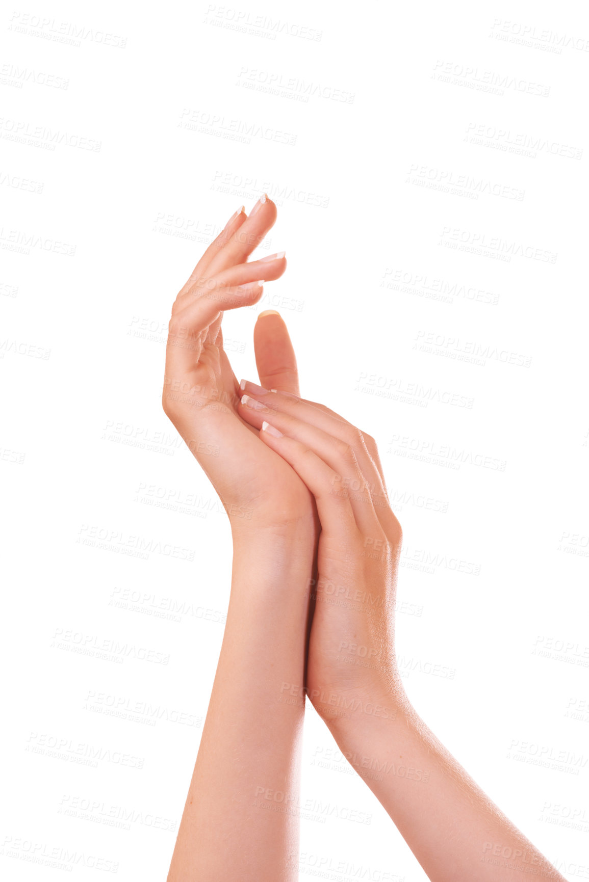 Buy stock photo Skin touch, manicure and hands closeup in studio isolated on a white background mockup. Fingers, nails and palm of woman in spa treatment, natural cosmetics or dermatology, beauty health and wellness