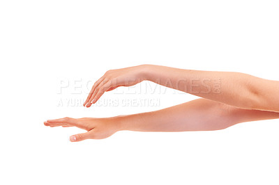 Buy stock photo Skincare, manicure and hands closeup in studio isolated on a white background mockup space. Fingers, nails and palm of model in spa treatment, natural cosmetics or dermatology, beauty or healthy skin