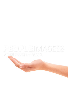 Buy stock photo Woman, hand and skincare in advertising for cosmetics or beauty product against a white studio background. Closeup of female person palm for soft skin, glow or dermatology in wellness on mockup space