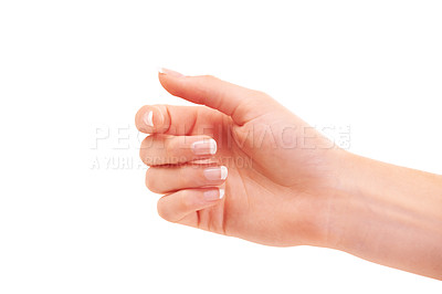 Buy stock photo Woman, hand and french manicure for nails, polish and cosmetic care, skincare and beauty. White background, wellness and treatment for hygiene, closeup and fist for arm, studio backdrop and clean