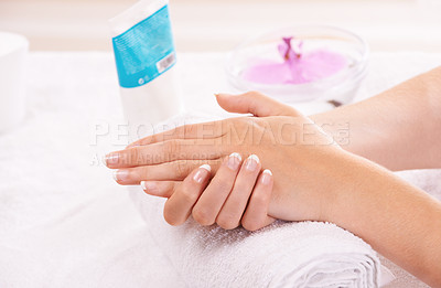 Buy stock photo Woman, hands and french manicure in spa, salon and cosmetic care, skincare and beauty. Tips, wellness and treatment for hygiene, closeup and nail parlour with towel, clean and healthy cuticles
