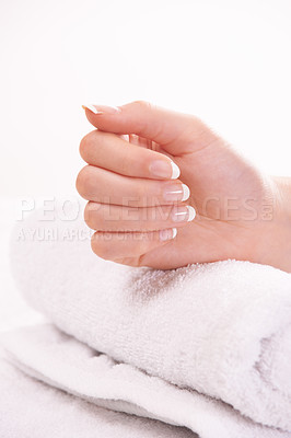 Buy stock photo Woman, hand and french manicure for nails, polish and cosmetic care, skincare and beauty. Natural growth, wellness and treatment for hygiene, closeup and towel for girl, maintenance and parlour