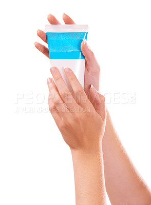 Buy stock photo Woman, hands and skincare product for cosmetics, cream or beauty against a white studio background. Closeup of female person, container or lotion SPF or creme for soft skin or moisturizer on mockup