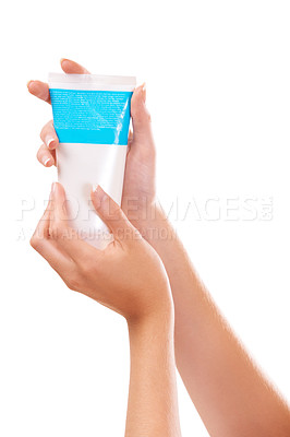 Buy stock photo Woman, hands and lotion for skincare, cosmetics or beauty products in salon or spa treatment. Closeup of female person with jar or container of cream, SPF or anti aging for soft skin or moisturizer