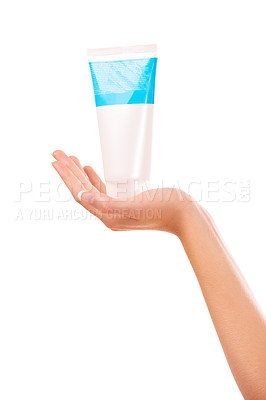 Buy stock photo Woman, hands and skincare for beauty product, cosmetics or sunscreen against a white studio background. Closeup of female person with container of cream, SPF or anti aging in soft skin or moisturizer