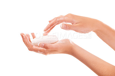 Buy stock photo Cropped shot of a woman washing her hands with soap