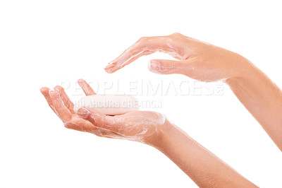 Buy stock photo Self care, soap and closeup of washing hands in studio for grooming, wellness or health. Hygiene, cosmetic and zoom of person clean skin to prevent germ, bacteria or dirt isolated by white background