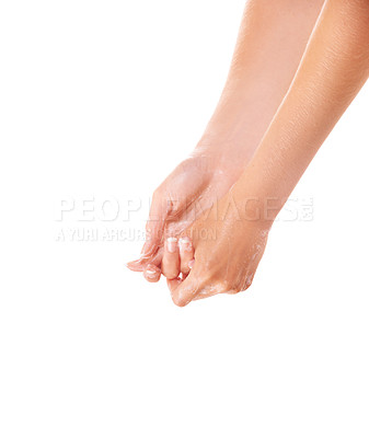 Buy stock photo Skincare, soap and washing hands closeup in studio isolated on a white background mockup space. Fingers, nails and woman cleaning with foam, dermatology and bacteria prevention for health or hygiene