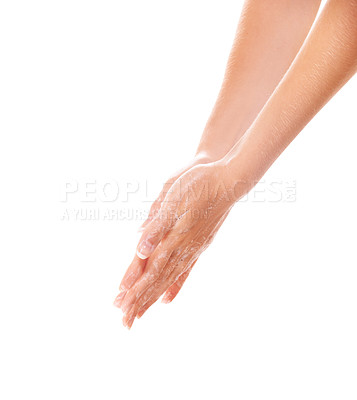 Buy stock photo Skincare, soap and washing hands closeup for health in studio isolated on a white background mockup space. Fingers, nails and woman cleaning with foam, dermatology and bacteria prevention for hygiene