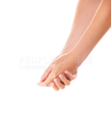 Buy stock photo Skincare, soap and washing hands closeup for hygiene in studio isolated on a white background mockup space. Fingers, nails and woman cleaning with foam, dermatology and bacteria prevention for health