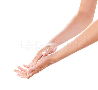 Buy stock photo Skincare, soap and washing hands closeup for health in studio isolated on a white background mockup space. Fingers, nails and woman cleaning with foam, wellness and bacteria prevention for hygiene