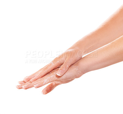 Buy stock photo Skincare, foam and washing hands closeup for health in studio isolated on a white background mockup space. Fingers, nails and woman cleaning with soap, wellness and bacteria prevention for hygiene