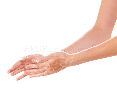 Buy stock photo Skincare, soap and washing hands closeup in studio isolated on a white background mockup space. Fingers, nails and woman cleaning with foam, dermatology and bacteria prevention, hygiene or health